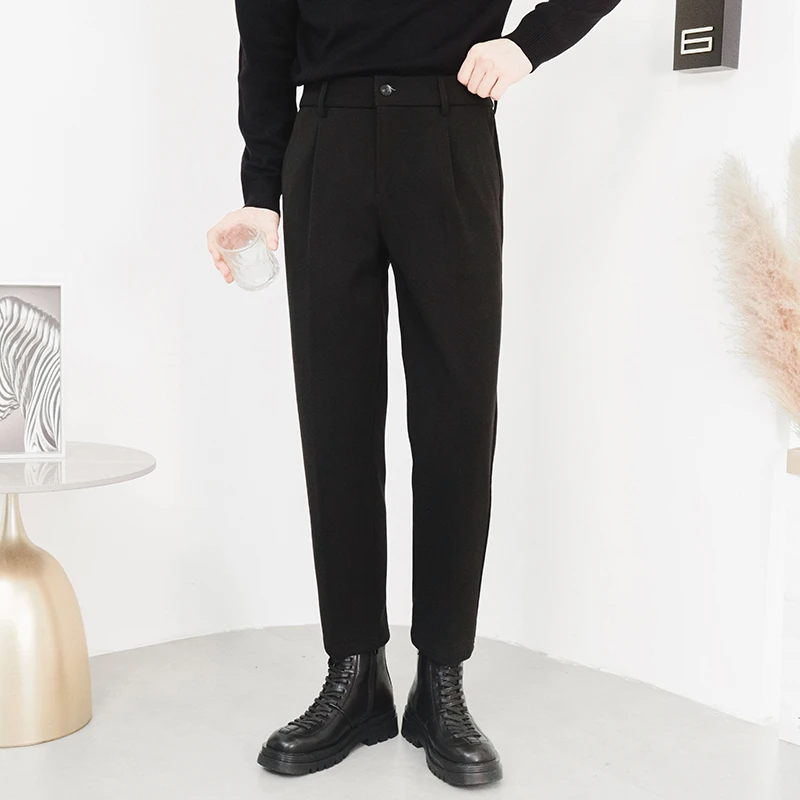春秋松紧腰毛呢西裤加厚垂感宽松九分裤直筒休闲裤男士裤子男款