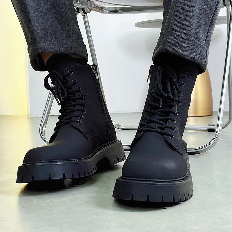 马丁靴男中帮工装男士靴子英伦风黑色男款2025增高耐磨加绒男靴