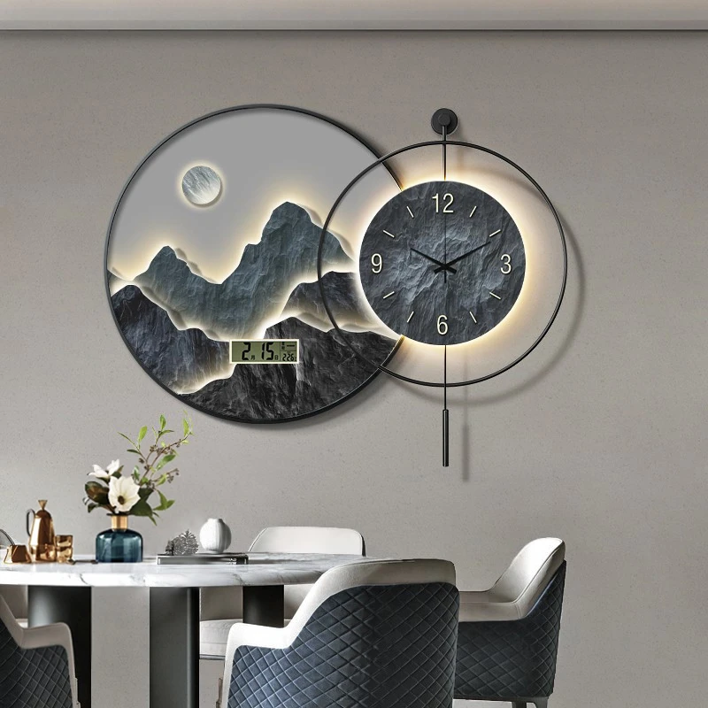 餐厅装饰画带钟表背有靠山挂画现代轻奢客厅山水画饭厅挂钟壁画