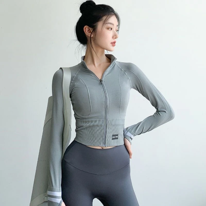 瑜伽外套女2023新款针织立领短款拉链开衫紧身显瘦户外运动健身服