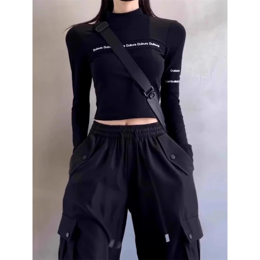 美式甜酷辣妹风t恤女2025春秋运动长袖体恤修身短款正肩立领上衣