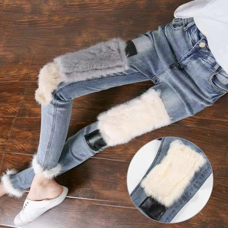 2023新款秋冬韩版高腰牛仔裤女加绒加厚显瘦小脚裤哈伦裤毛毛拼接