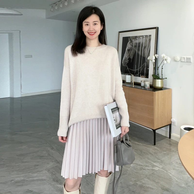 ulight【温柔故乡】米杏色羊绒羊毛圆领oversize毛衣显瘦