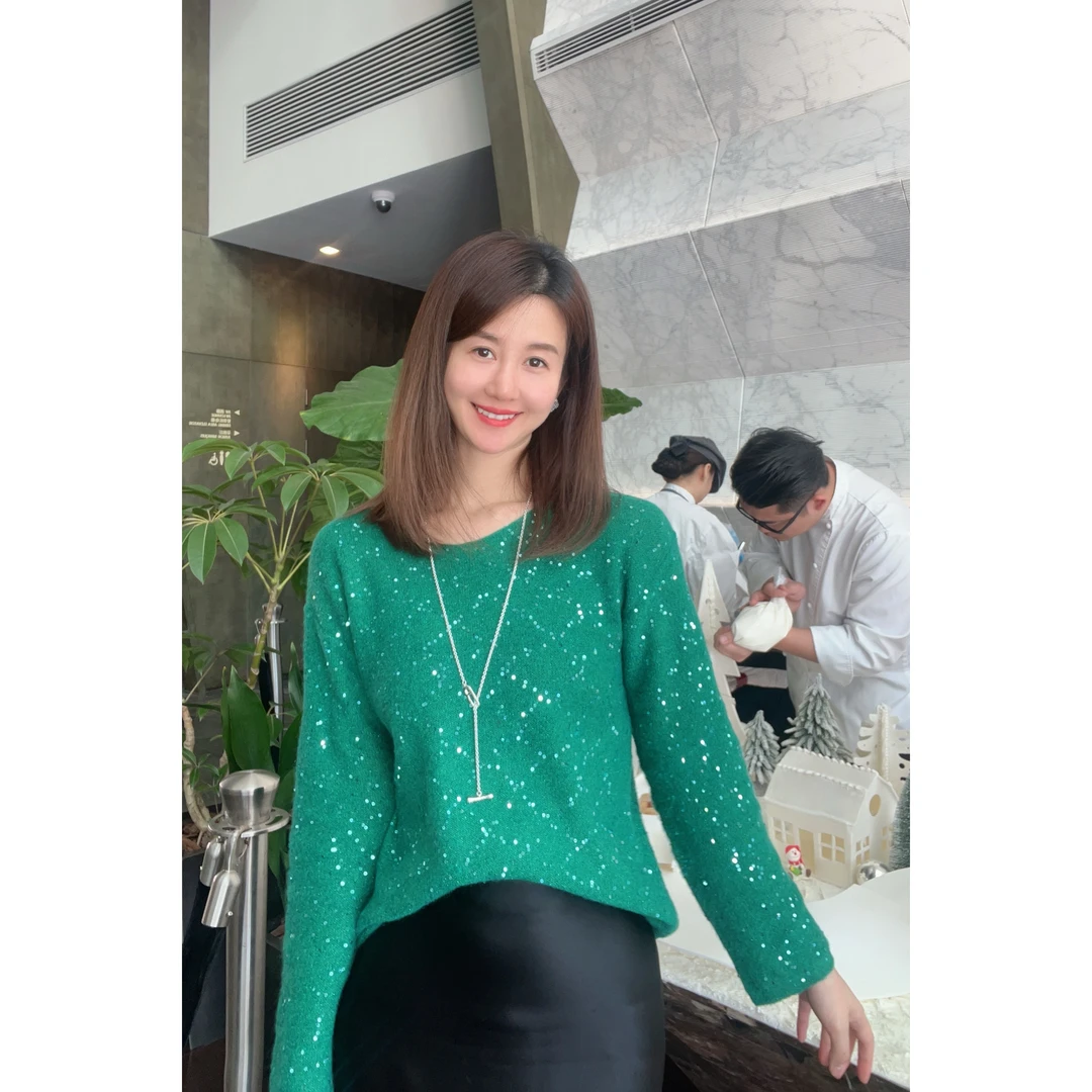 ulight  意大利进口限定色祖母绿轻奢亮片针织上衣