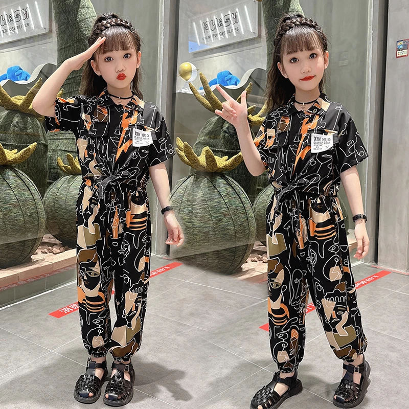 女童夏装短袖迷彩两件套小女孩洋气防蚊裤休闲童装中大童薄款套装