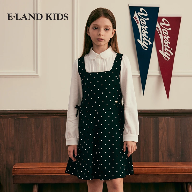 E LAND KIDS长袖连衣裙女童假两件蝴蝶结千金系列