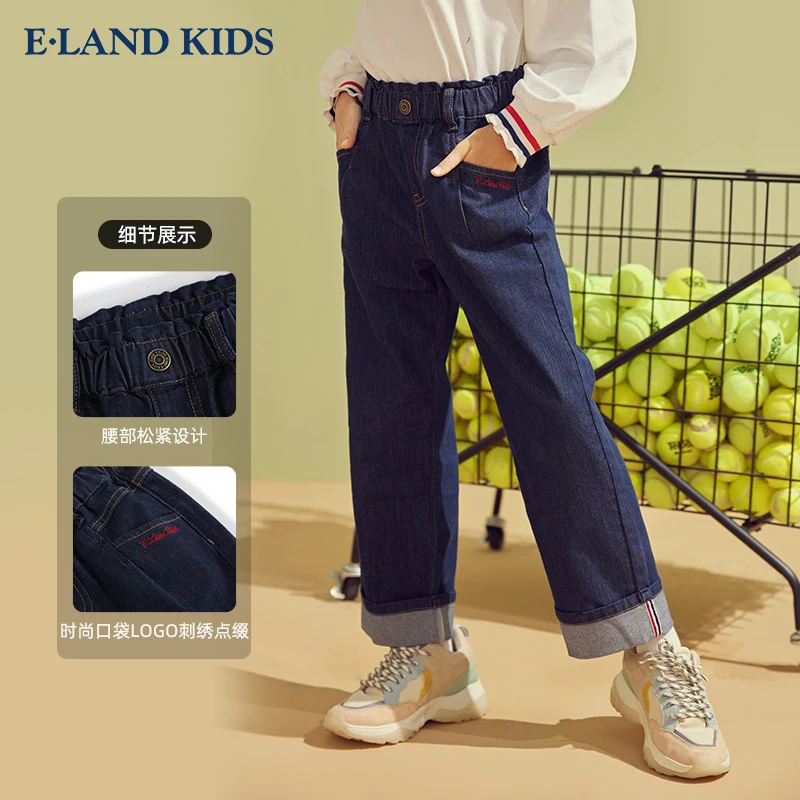 E·LAND KIDS23年秋季女童帅气复古宽松阔腿牛仔裤EKTJD3821K