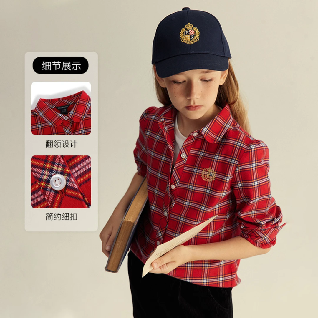 eland kids衣恋童装23年冬季新品女童美式格纹长袖衬衫EKBAD4926B