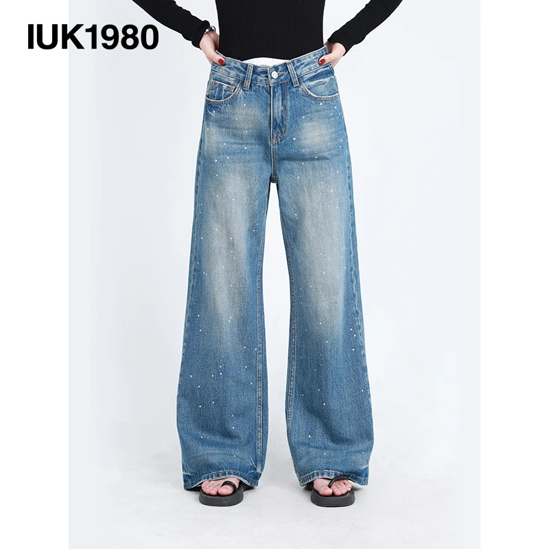 IUK/尤库设计感满天星秋季爆款牛仔美式宽松直筒显瘦堆堆牛仔女裤
