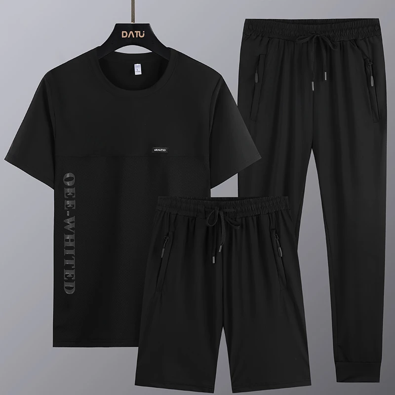 男士夏季弹力休闲时尚潮流速干裤大码圆领薄款宽松透气三件套套装