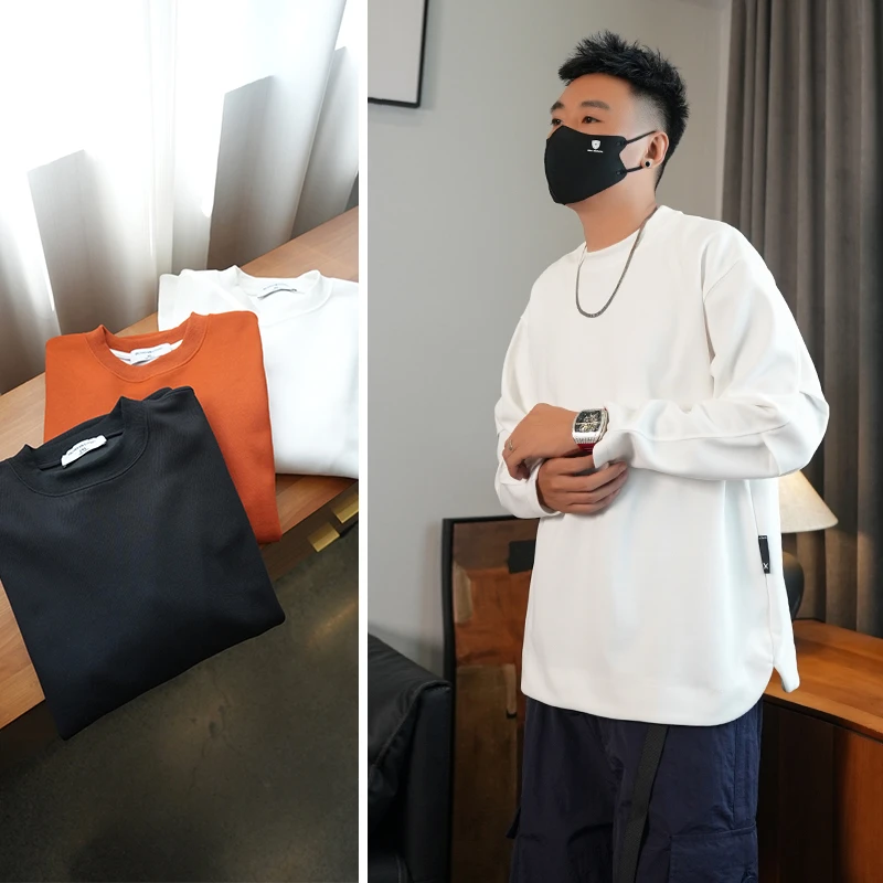 春秋款重磅宽松大码下摆开叉美式男士卫衣长袖上衣青少年潮牌男装