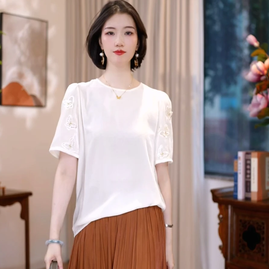 【白小白精选】福蝶将至真丝丝绒立体的刺绣蝴蝶袖正肩宽松上衣0380