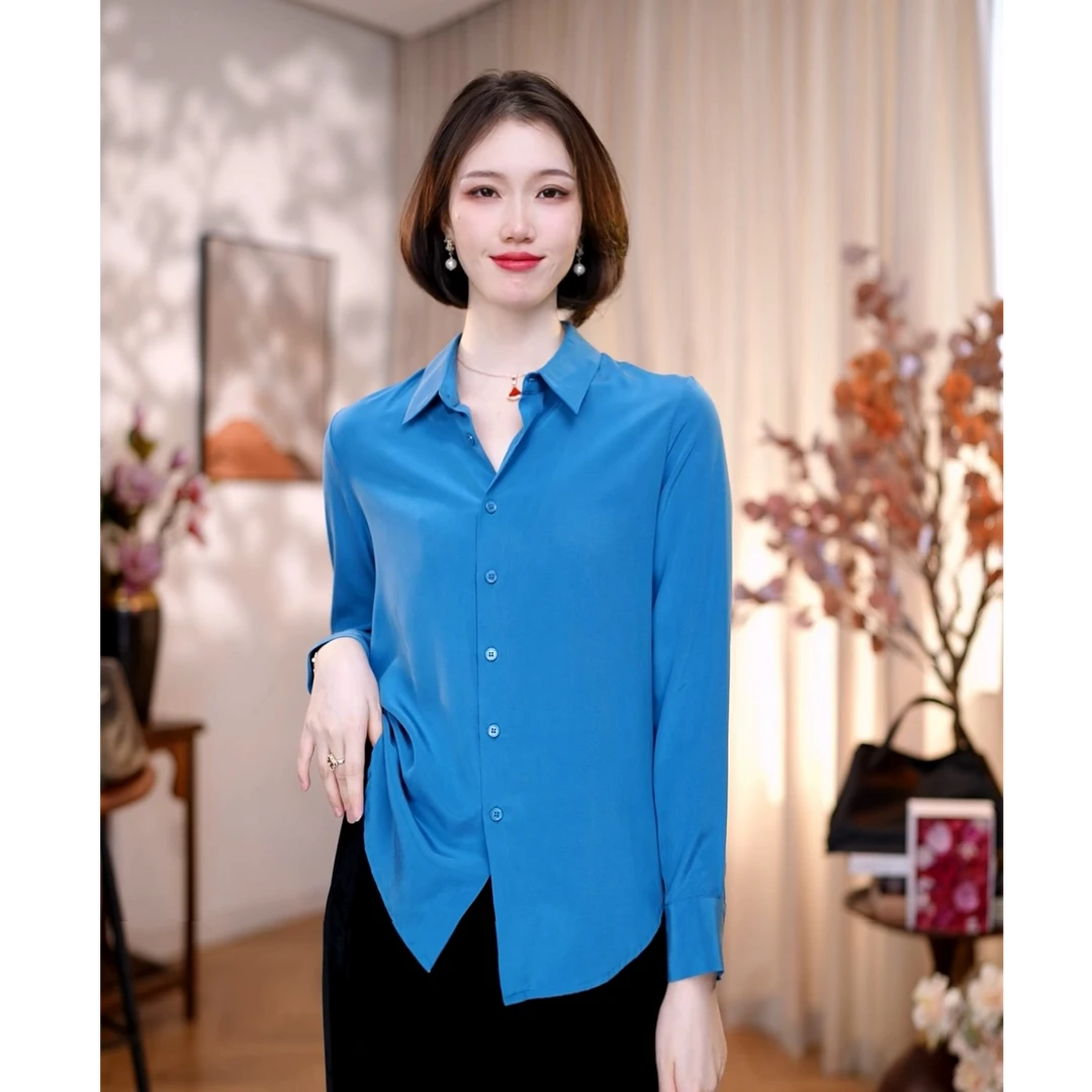 【白小白精选】理想三旬极简主义22姆米重磅桑蚕丝砂洗排扣衬衫9589