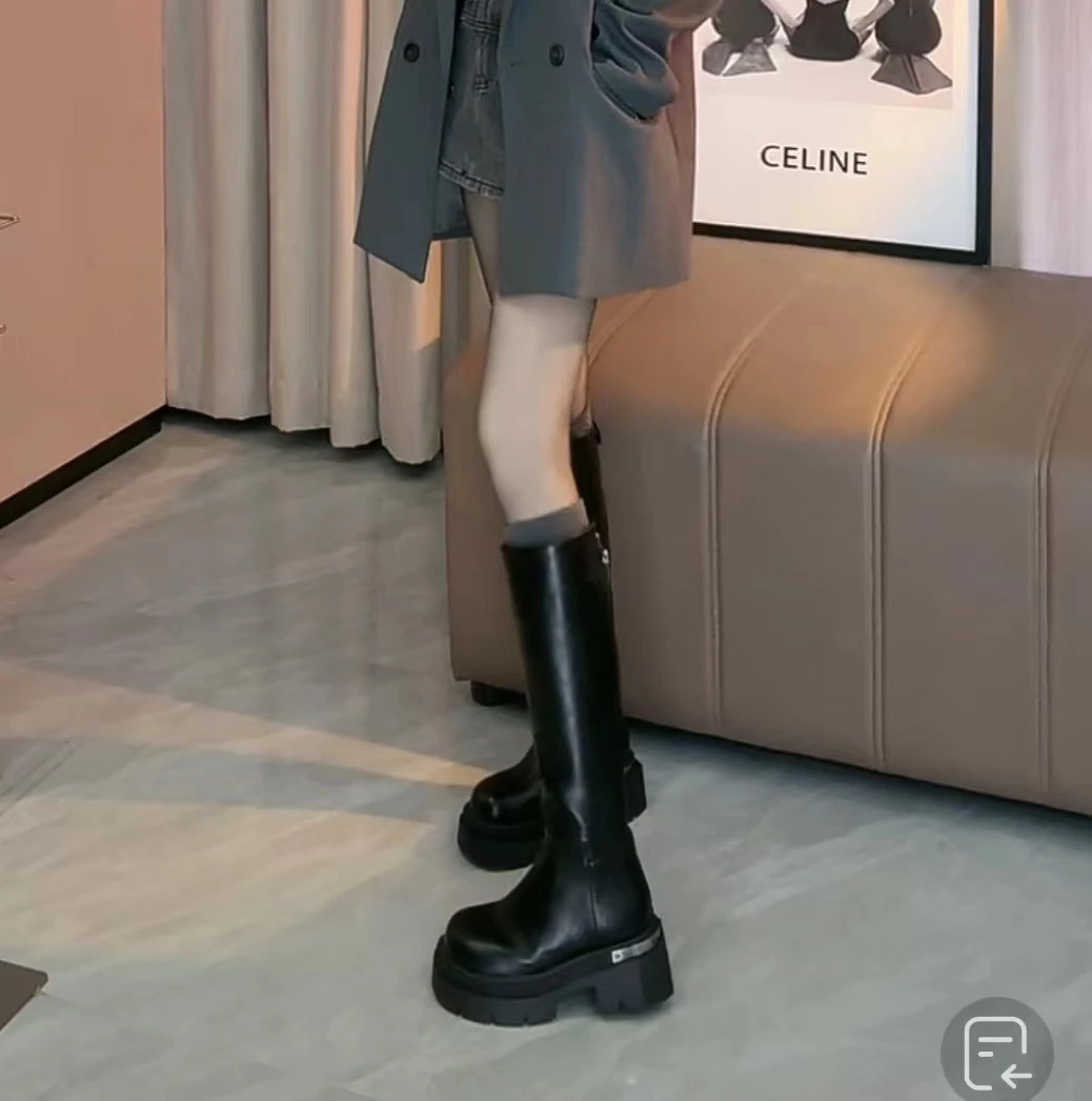 2023秋冬欧货真皮厚底松糕小个子时尚百搭骑士靴D65221