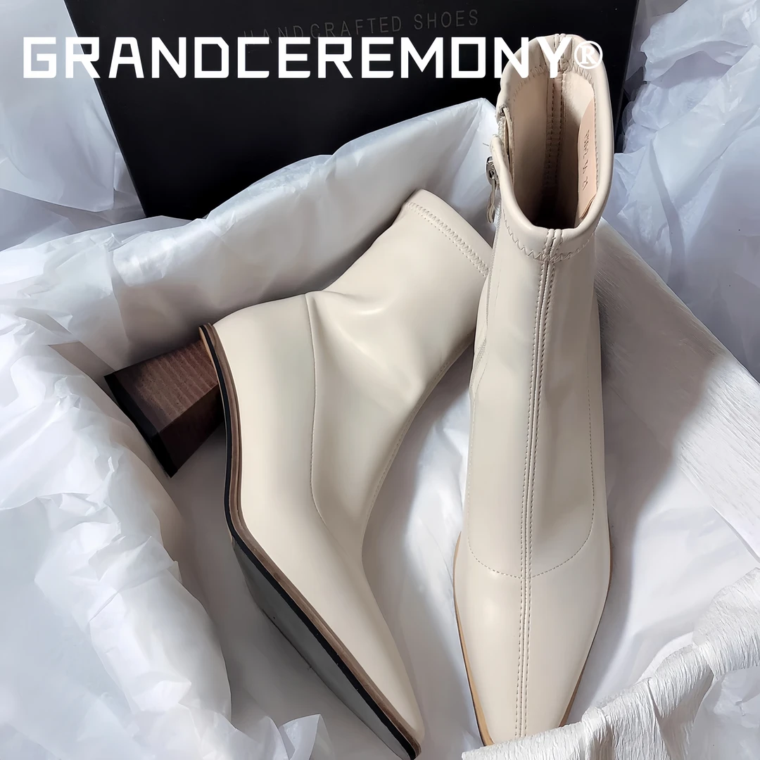 2024新款高跟气质肯豆尖头瘦瘦靴粗跟英伦白色韩版复古短靴D096