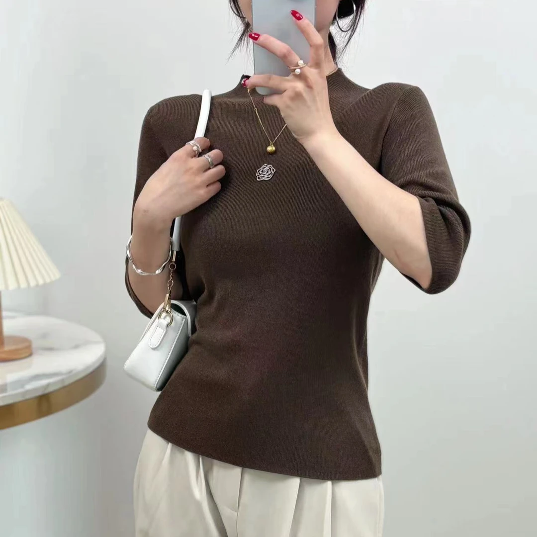 【秋款上新】山茶花中袖18针时尚百搭修身纯色系高级简约中袖