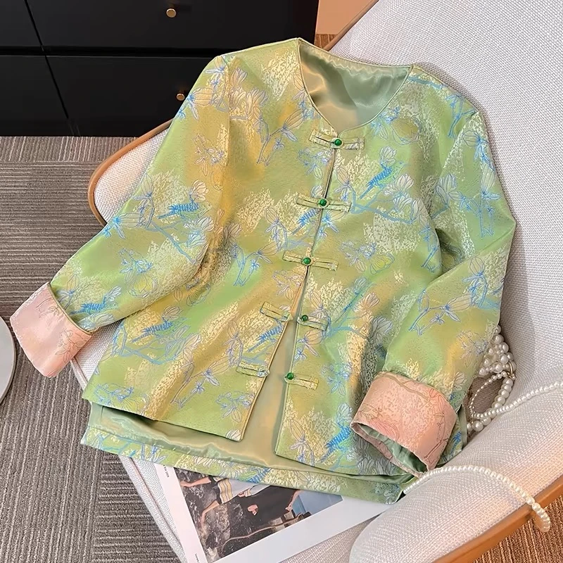 新中式拼接提花盘扣外套女2025新款长袖春秋款时尚短款国风上衣