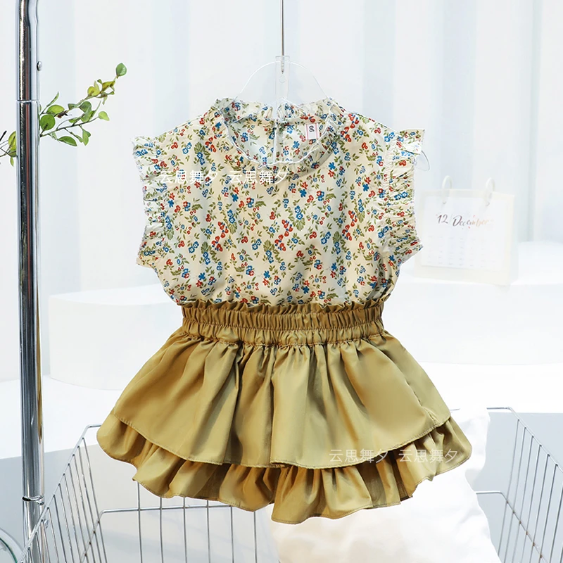 亲子装2023夏季新款童装飞袖碎花上衣两件套母女装韩版花苞裤套装