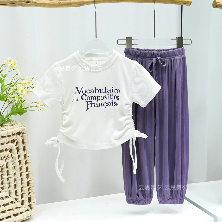亲子装夏季女童字母抽绳短袖韩版套装母女网红运动抖抖裤两件套潮