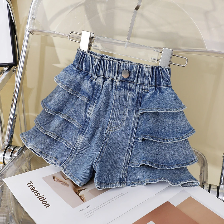 亲子装夏季新款女中大童木耳韩版荷叶边母女装洋气百搭牛仔短裤潮