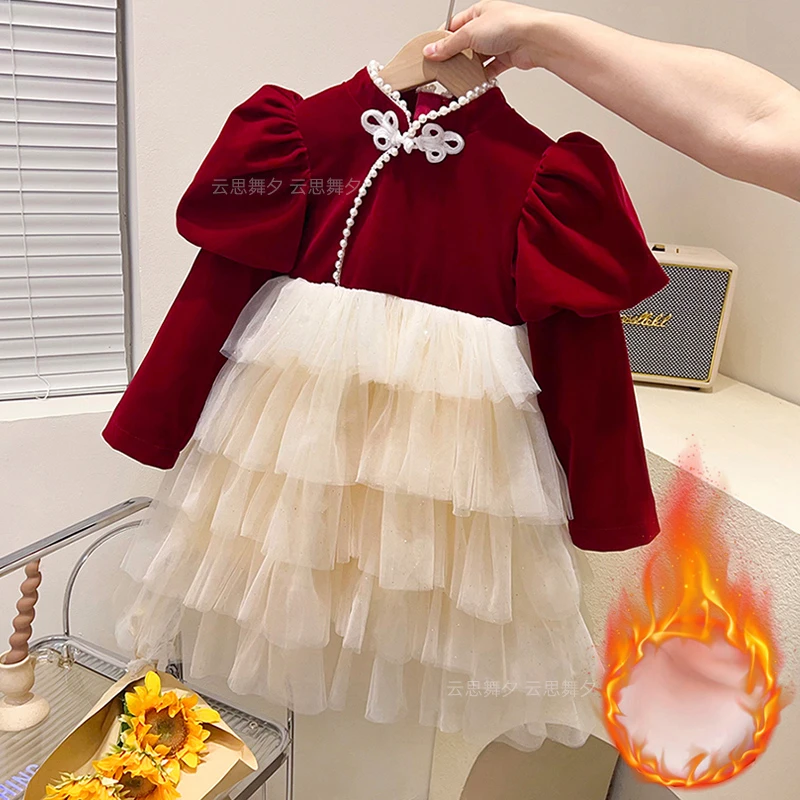 亲子装春装新款过年服女童加厚公主蓬蓬裙母女装复古加绒年服旗袍
