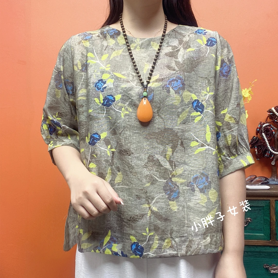 夏季新款百搭圆领印花女士休闲五分袖碎花小衫宽松大码短袖T恤B01