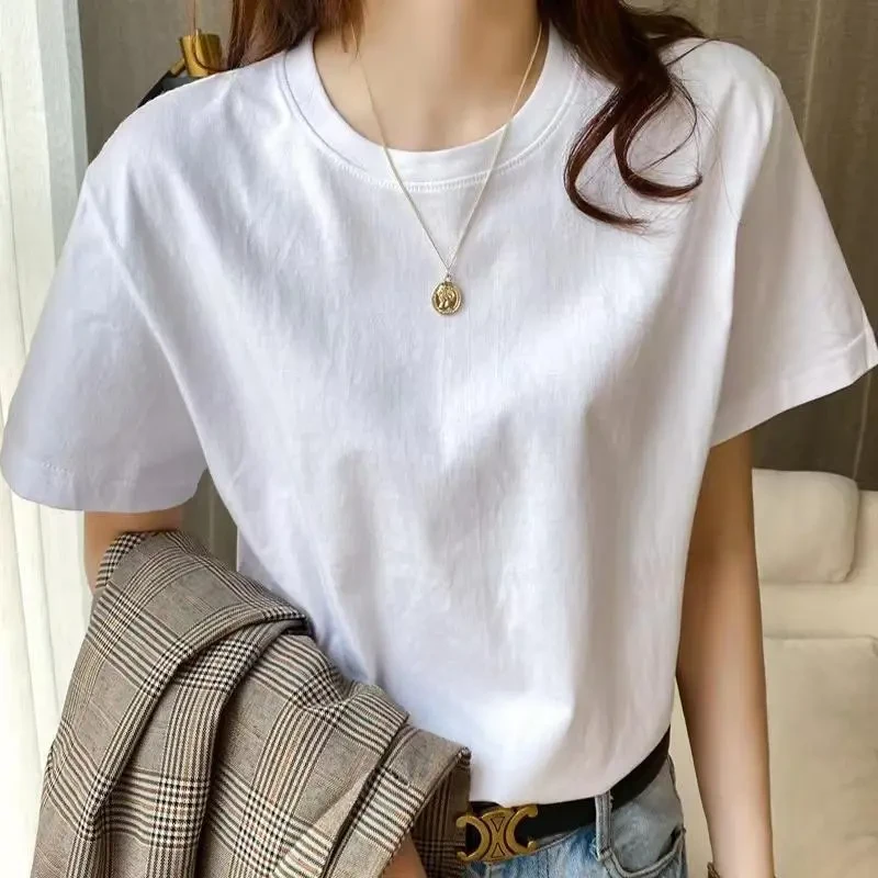 240g 白色短袖T恤女纯色打底衫纯棉打底时尚休闲百搭夏季半袖