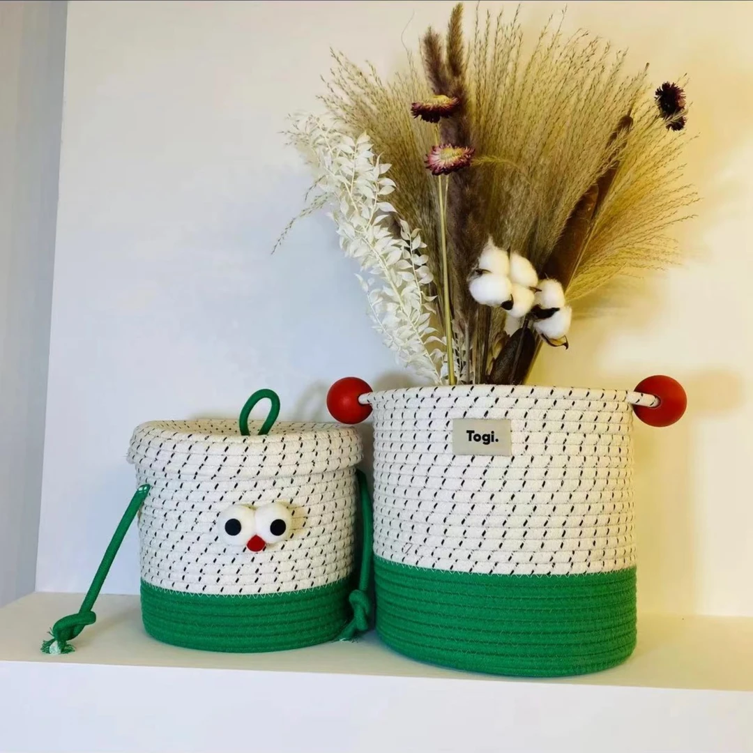 田园风圆筒形卡通怪兽棉绳收纳桶儿童玩具收纳筐客厅可爱储物简约