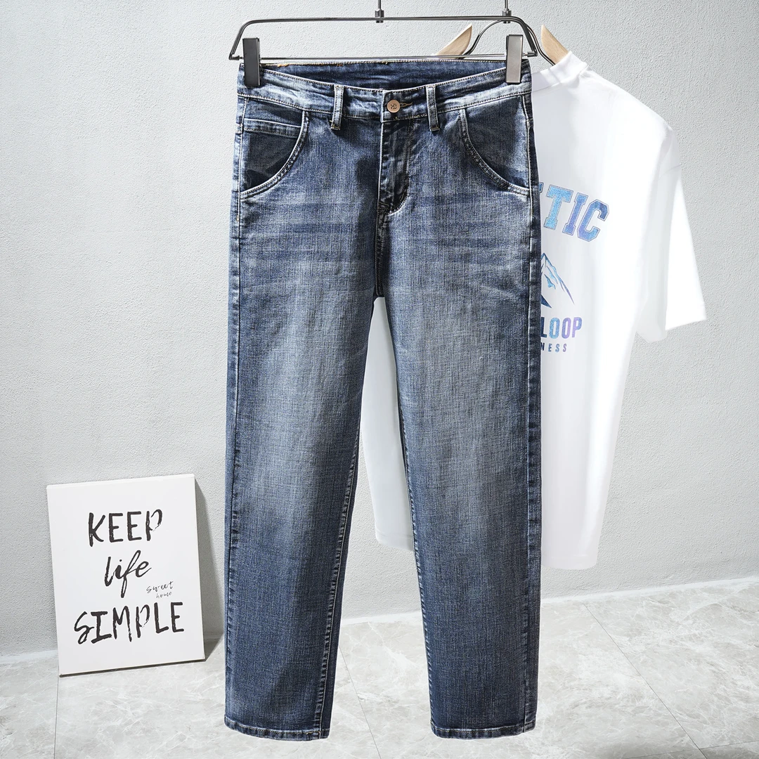 秋季蓝灰色阔腿牛仔裤男宽松直筒长裤中老年大码休闲男裤秋冬男士