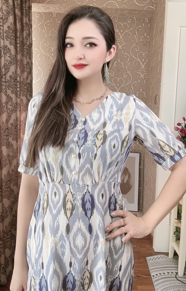 亚麻棉艾特莱斯民族风复古气质连衣裙 微胖身材可穿 显瘦时尚
