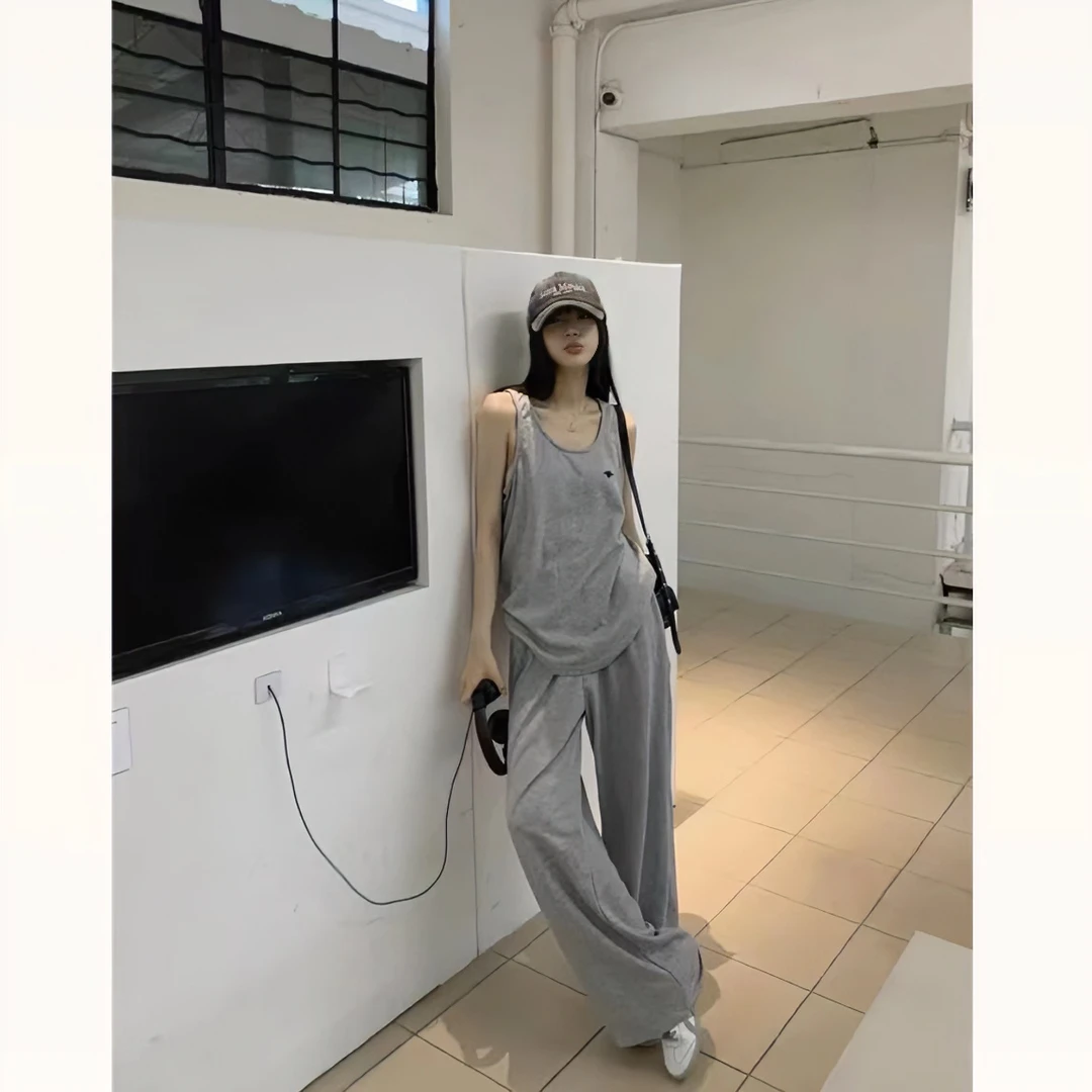 夏季2024新款韩版刺绣宽松显瘦背心上衣休闲拖地长裤两件套装女潮