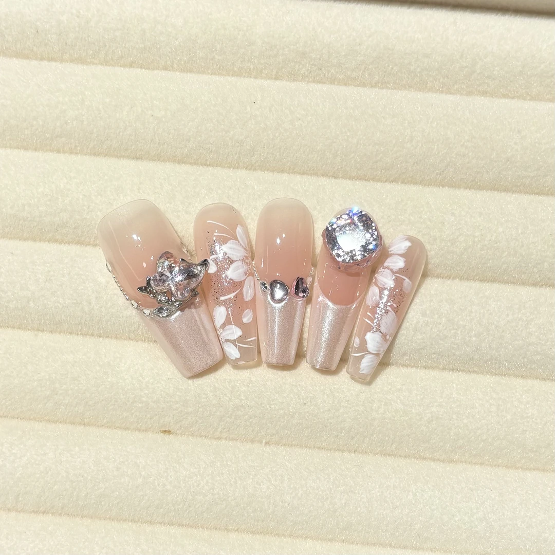 巴仑美【闪粉花纹】手绘法式花 纯手工可重复穿戴美甲贴 高碳锆石钻