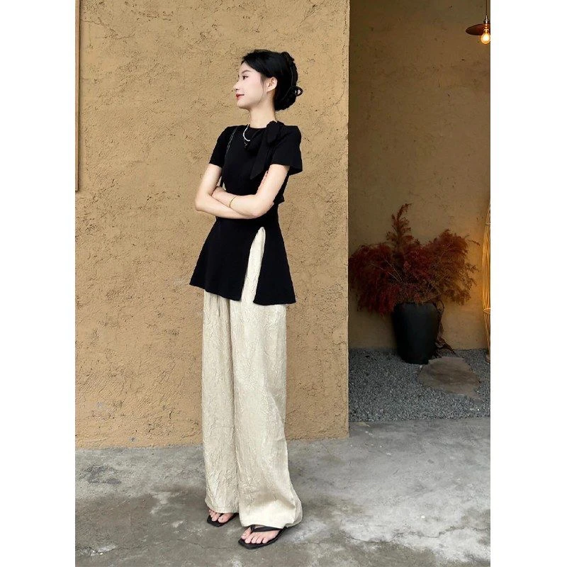 外穿系带开叉短袖蝴蝶结2024新款夏季高级紧身收腰显瘦上衣