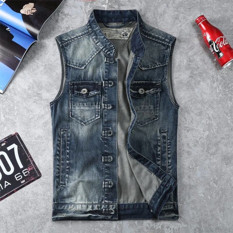 欧美风秋装新款潮男立领盘扣牛仔马夹背心男帅气休闲机车马甲上衣