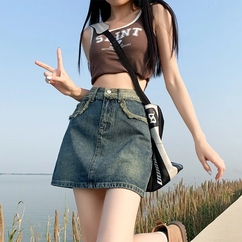 复古牛仔半身裙女春秋高腰显瘦防走光辣妹a字短裙包臀裙半裙裤裙