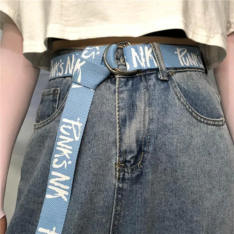 帆布皮带男女通用学生ins潮男裤带百搭字母帆布腰带女青年双环扣