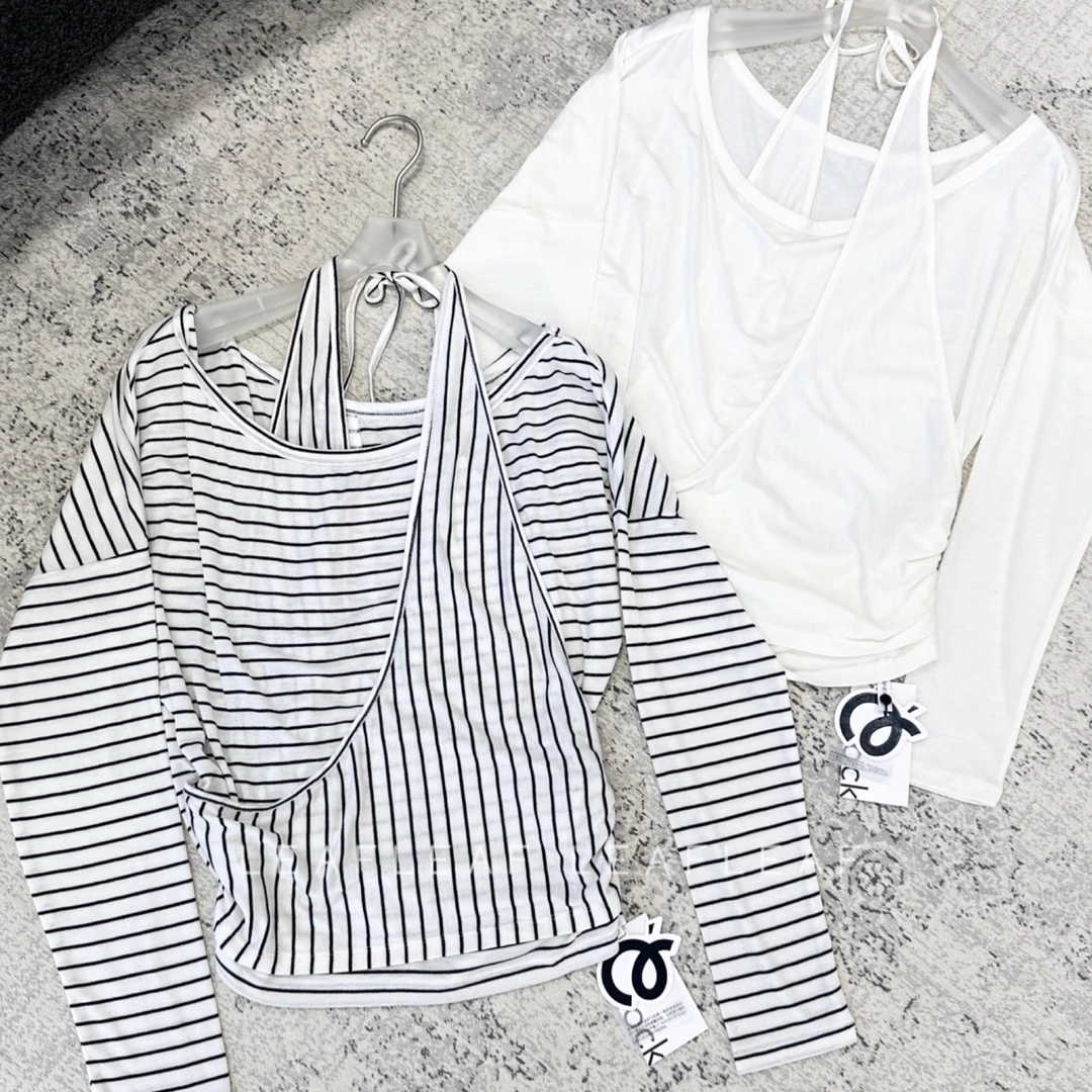 O'clock 条纹净色斜肩蝙蝠袖抽褶绑带长袖T恤 LEAFLEAF设计师品牌