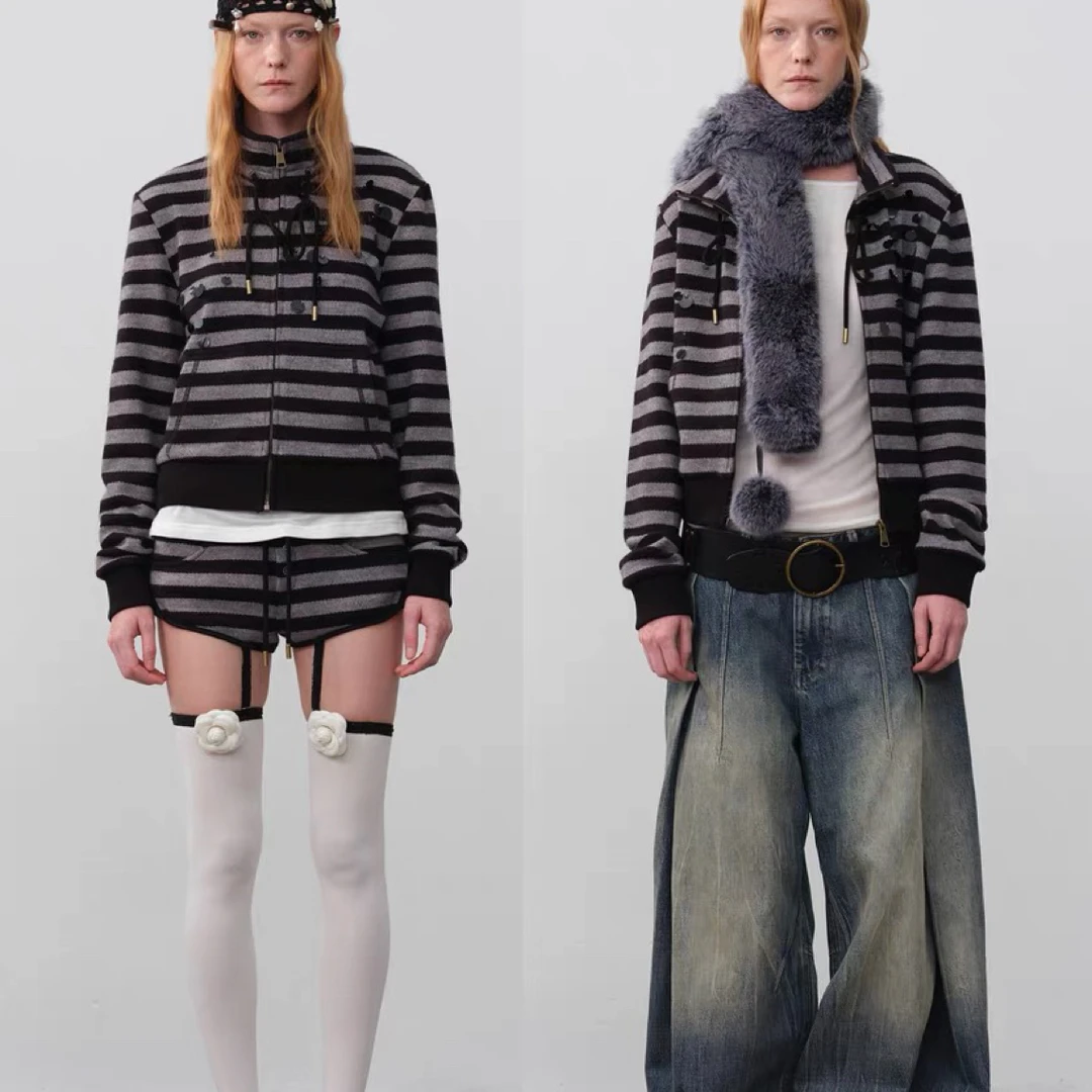 O'clock 复古亮片黑灰条纹针织毛织开衫卫衣 LEAFLEAF设计师品牌