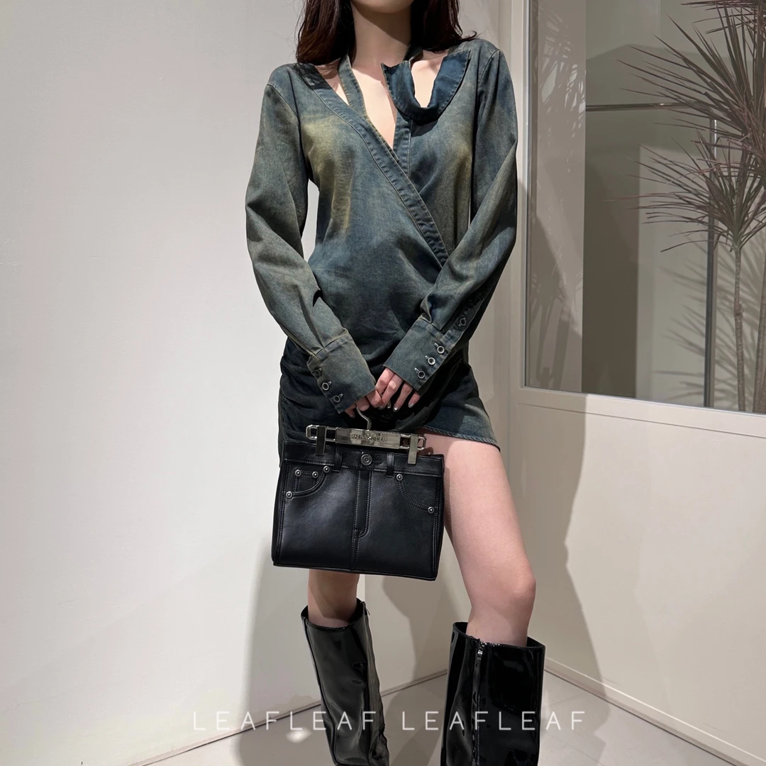 MARRKNULL 牛仔不对称衬衫 LEAFLEAF设计师品牌