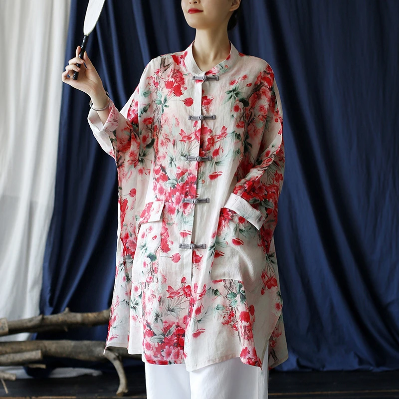 棉麻衬衫女中长款中国风复古盘扣大码民族风印花禅意上衣开衫外套