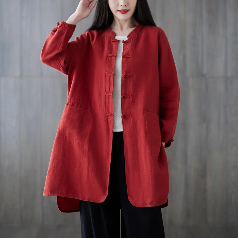 新中式外套女2025早春新款宽松复古盘扣前短后长亚麻国风上衣开衫