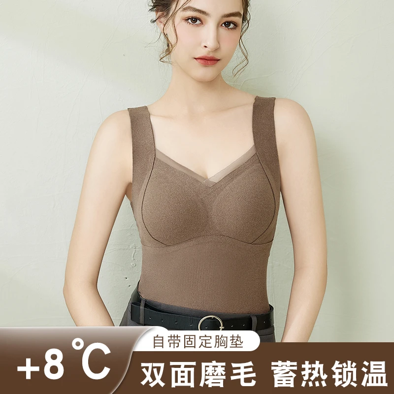 一体式保暖背心无痕加绒发热内衣自带胸垫打底内搭免穿文胸上衣
