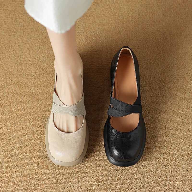 2024秋季新款真皮复古玛丽珍单鞋厚底软底粗跟百搭舒适浅口圆头