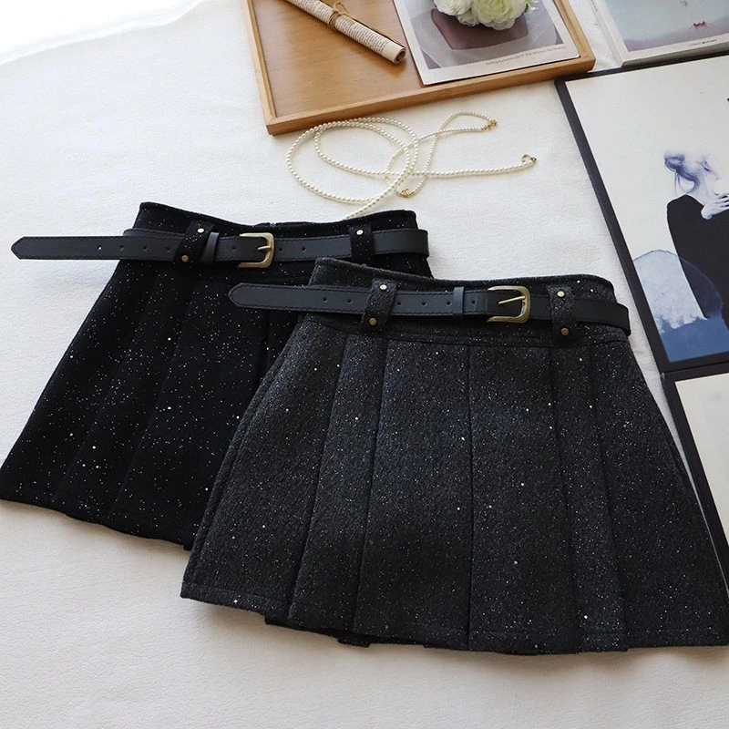2024冬季新气质亮片毛呢百褶半身裙女高腰显瘦A字短裙3056