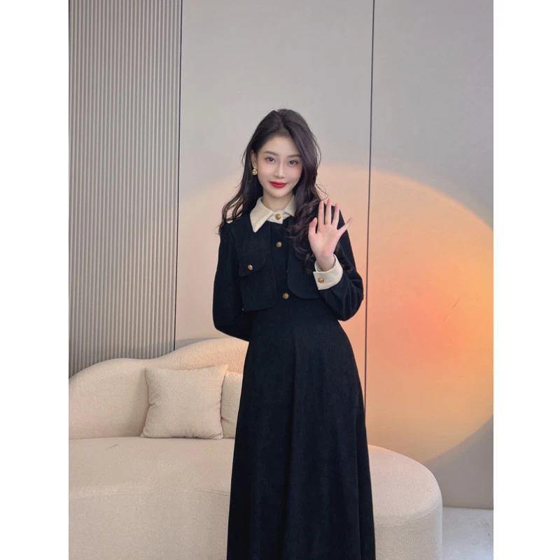 X'XIAO 赫本风假两件黑色连衣裙2023秋季新款高级感韩剧穿搭3523