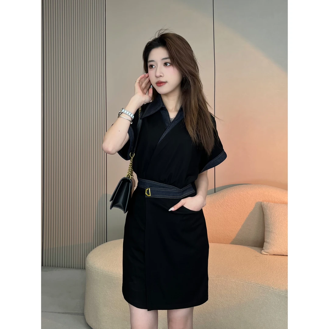 X'XIAO 新款连衣裙女高级法式显瘦气质牛仔拼接小黑裙3581