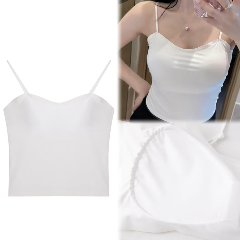 百搭美背2024年新款带胸垫可调节防透吊带上衣白色固定杯无痕打底