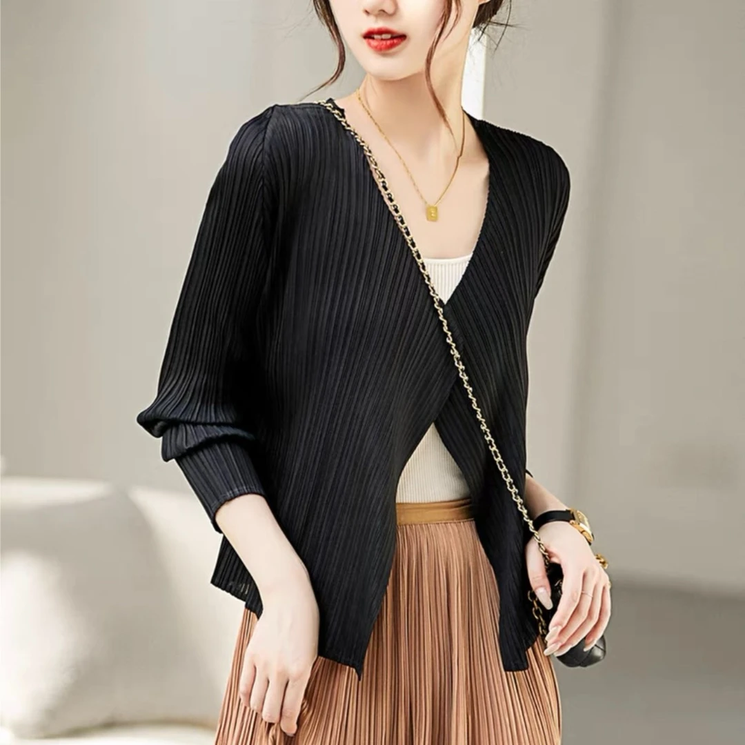 春季小众设计感 褶皱 优雅无门襟 轻薄长袖开衫外套气质时尚