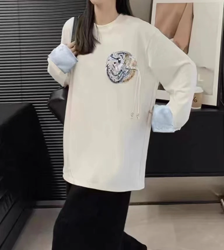 夏日新中式穿搭时尚宽松潮流韩版网红秋冬圆领长袖T恤