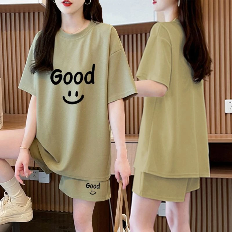 韩版洋气休闲纯棉运动套装女2024夏季简约宽松短袖T恤短裤两件套